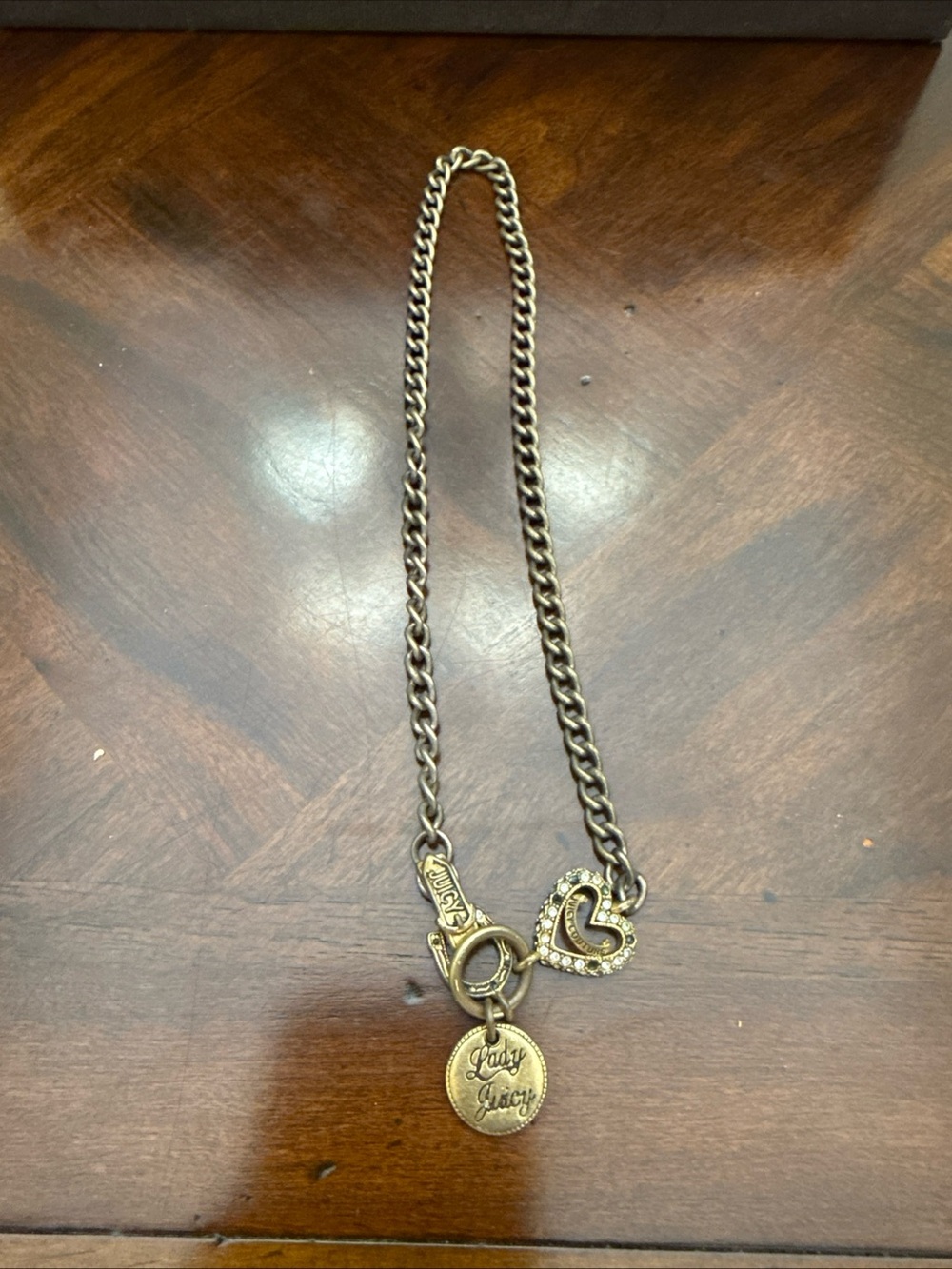 Juicy Couture Antique Gold Charm Necklace with Crystal Heart